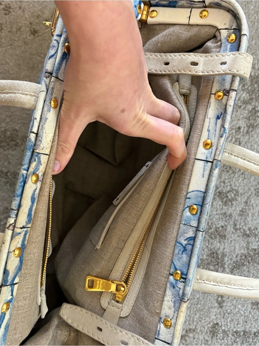 Prada Blue and White Scenic Satchel with Cream Handles
